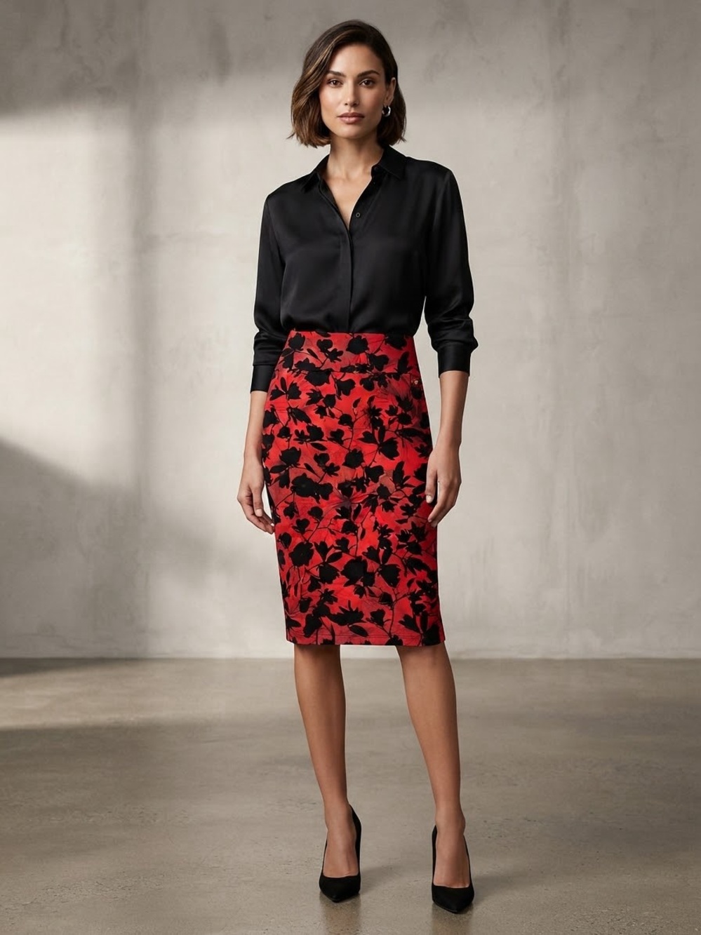 Thalia Sodi Red Floral Scuba Pencil Skirt Small